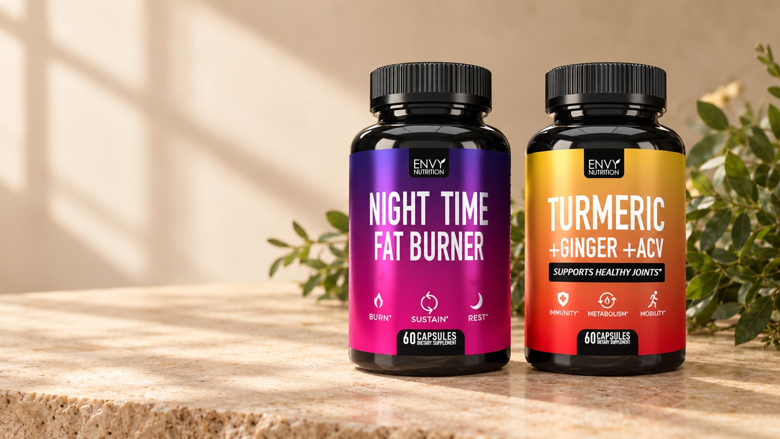 Night Time Fat Burner and Turmeric + Ginger + ACV bottles